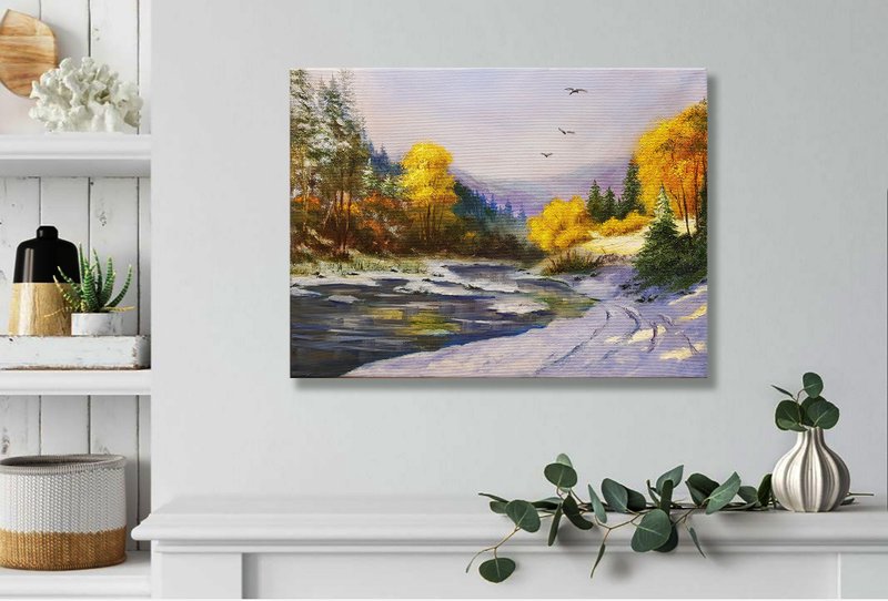Landscape Painting Mountain River Original Art Canvas Winter Nature Art - 墙贴/壁贴 - 其他材质 黄色