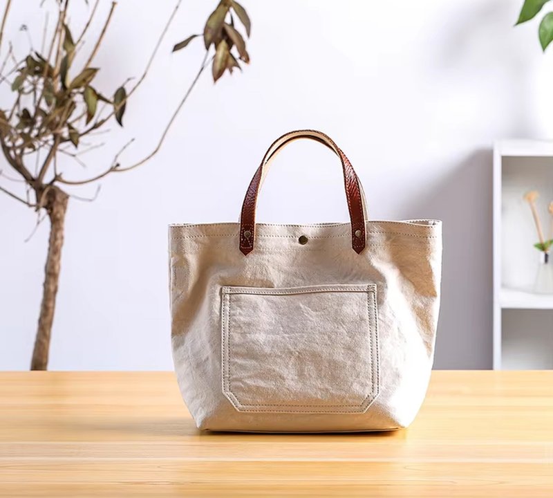 日系原創真皮帆布包女 單肩手提包簡約托特包 - 手提包/手提袋 - 棉．麻 