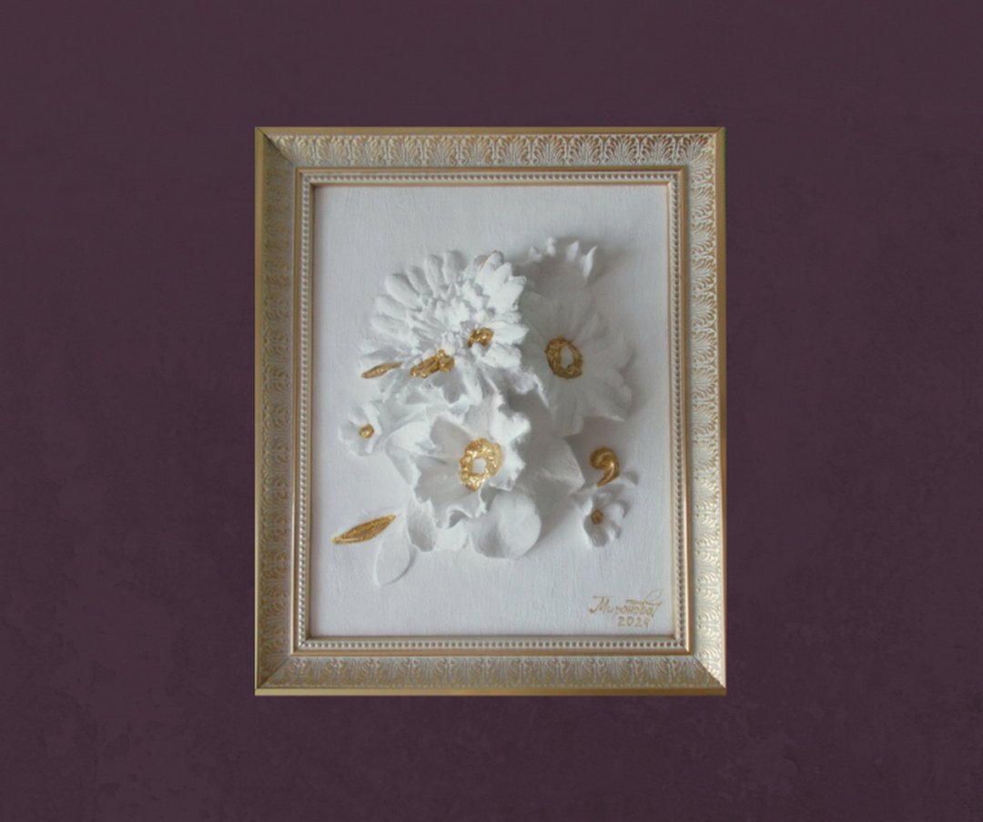 带框 3D 墙壁艺术 白色和金色艺术品 3D 花朵装饰墙板 - 墙贴/壁贴 - 其他材质 多色