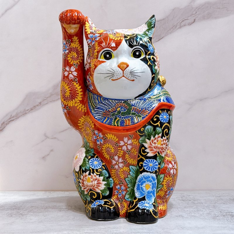 【赤黑之华】日本九谷烧招财猫 | 赤黑华盛 - 12号 巨号 - 摆饰 - 瓷 多色