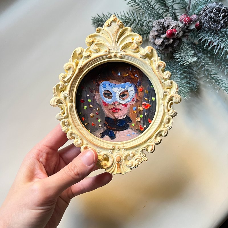 戴面具的女孩绘画原创艺术肖像小厚涂油画 - 海报/装饰画/版画 - 其他材质 橘色