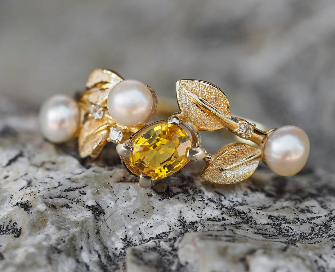 Natural floral ring with oval sapphire, diamonds and pearls - 戒指 - 贵金属 金色
