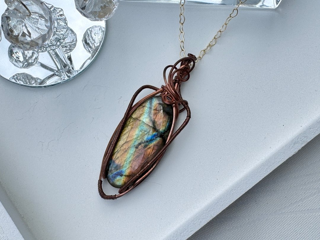 #230623 wire wrapping 拉长石 铜线 绕线 吊堕 - 项链 - 铜/黄铜 绿色