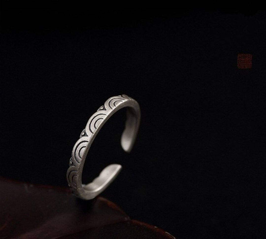 S 925 Sterling Silver Engraved Clouds Jewelry Women Vintage Dress Rings Handmade - 戒指 - 银 银色
