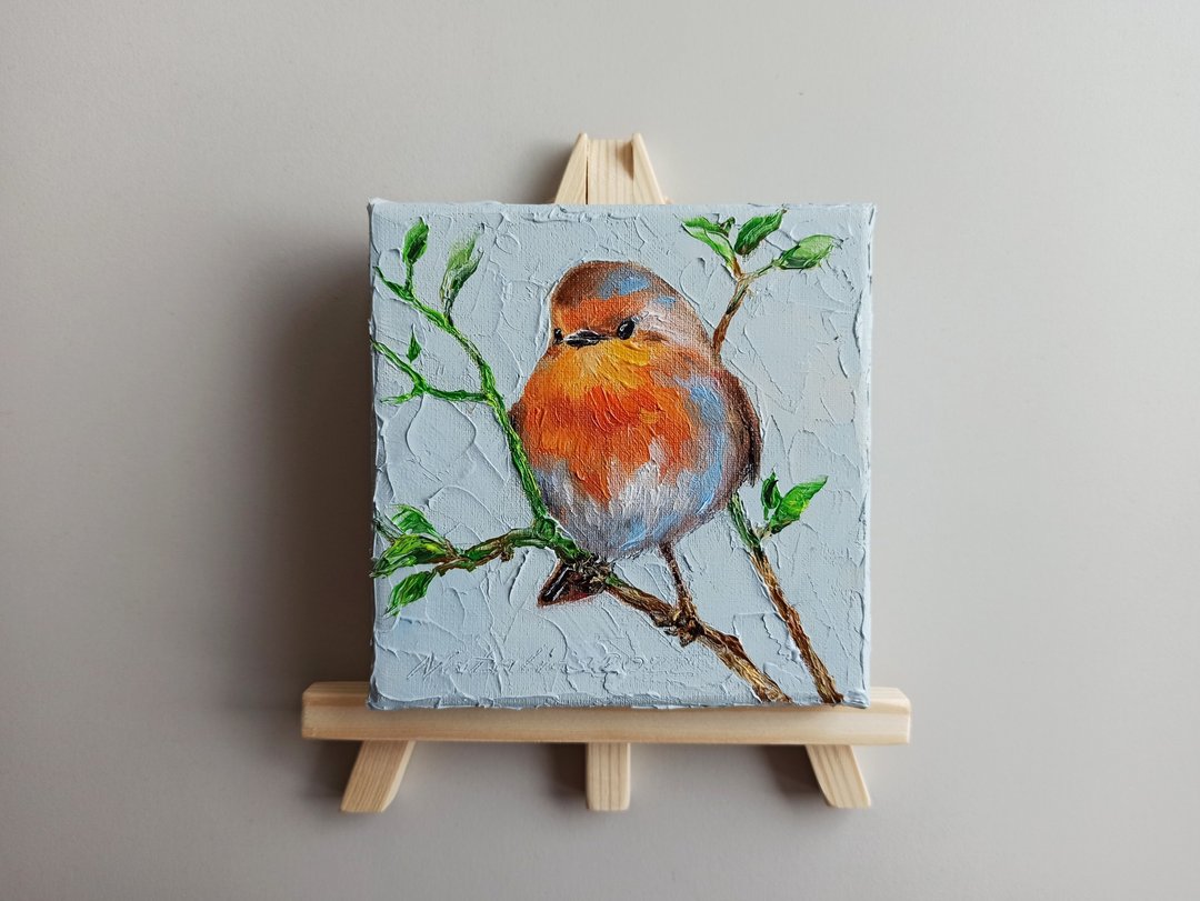 Spring robin mini oil painting on canvas with easel - unique decor and gift - 墙贴/壁贴 - 棉．麻 多色