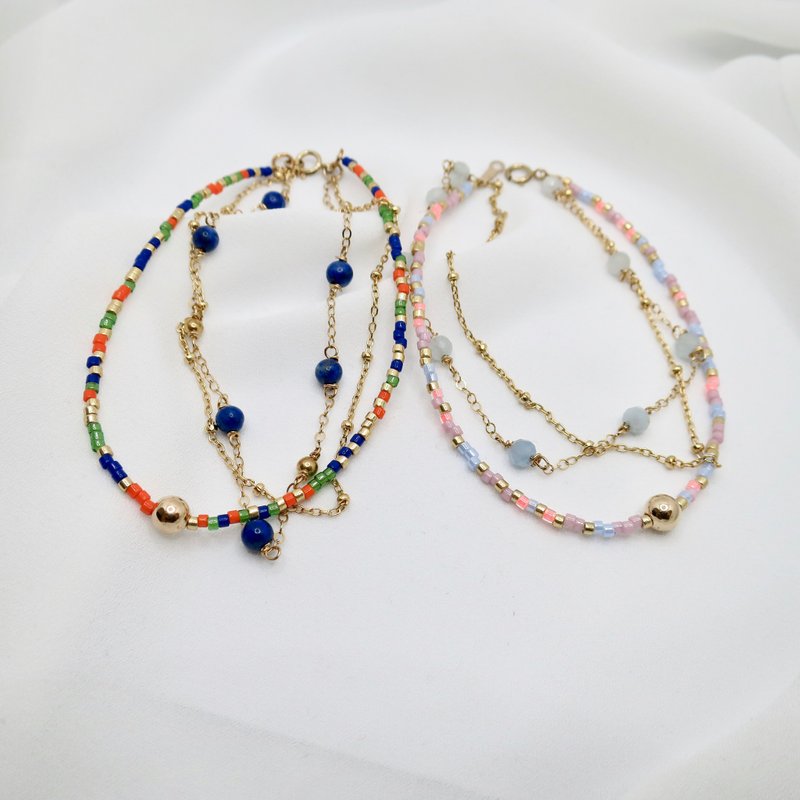 多彩多层手链 浓烈蓝青金石 婴儿蓝海蓝宝 搭配美国进口14KGF - 手链/手环 - 宝石 蓝色