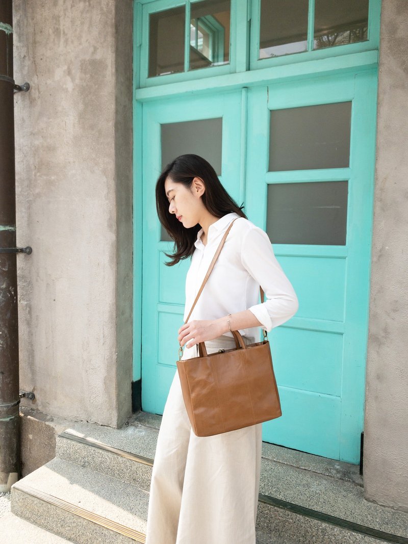 Amo包-焦糖色-小 - 侧背包/斜挎包 - 真皮 卡其色