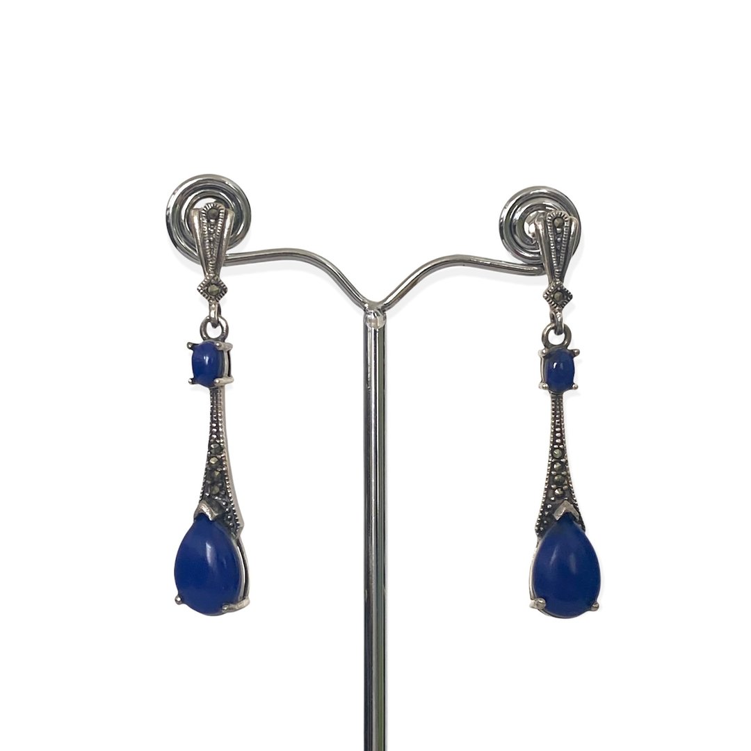 Art Deco Style Long Teardrop Earrings Lapis Lazuli&Marcasite 925 Sterling Silver - 耳环/耳夹 - 纯银 蓝色