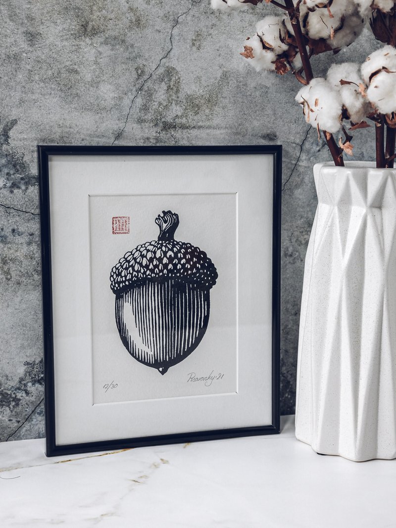 原创艺术品 - 橡子。 手工制版印刷。 限量版海报。 黑白插图。 - 墙贴/壁贴 - 纸 黑色