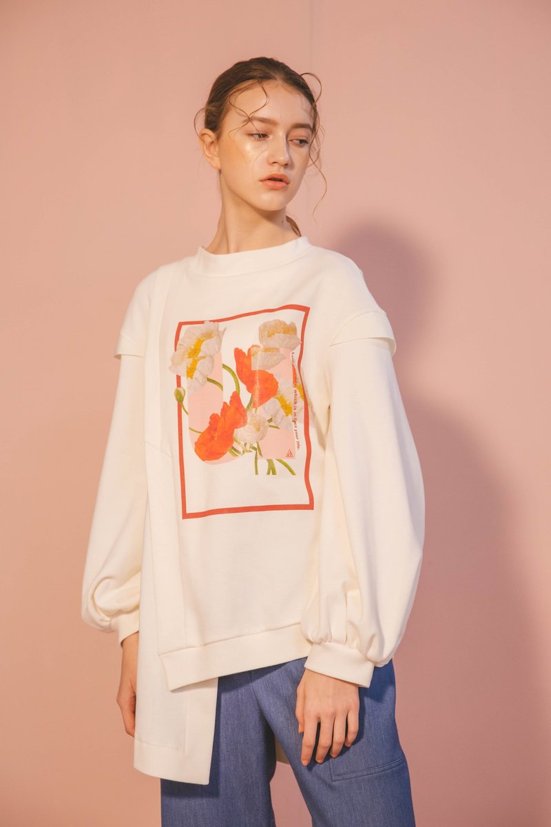 限量出清特惠 / 不对称印图运动衫 - 女装上衣 - 棉．麻 白色