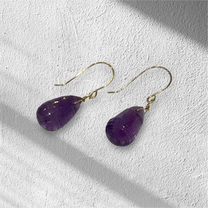 【K18 GOLD AMETHYST】18金 紫水晶 泪滴 钩式耳环 18KP18 2月诞生石 【SOLID GOLD】 - 耳环/耳夹 - 其他金属 紫色
