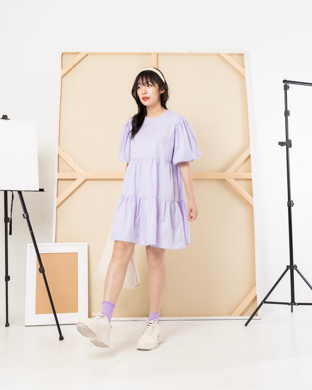 PURPLE PUFF SLEEVE OVERSIZED DRESS - 洋装/连衣裙 - 棉 紫色