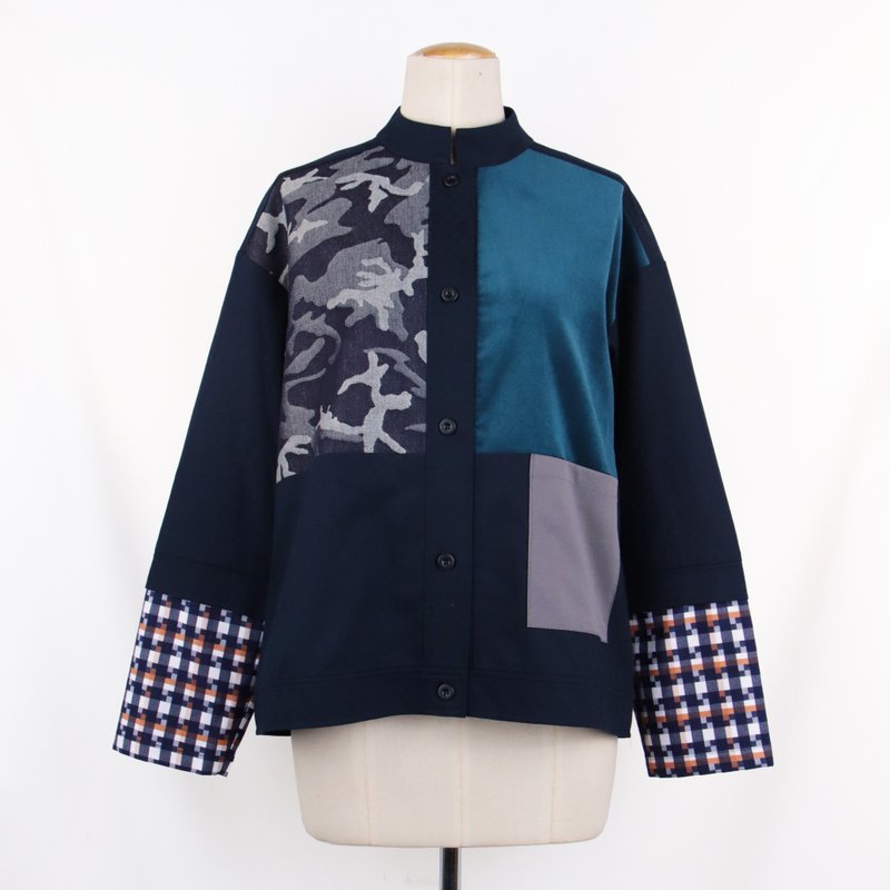 蓝/迷彩蓝绒 - 立领假两件拼布外套 #U1159 - 女装休闲/机能外套 - 棉．麻 蓝色