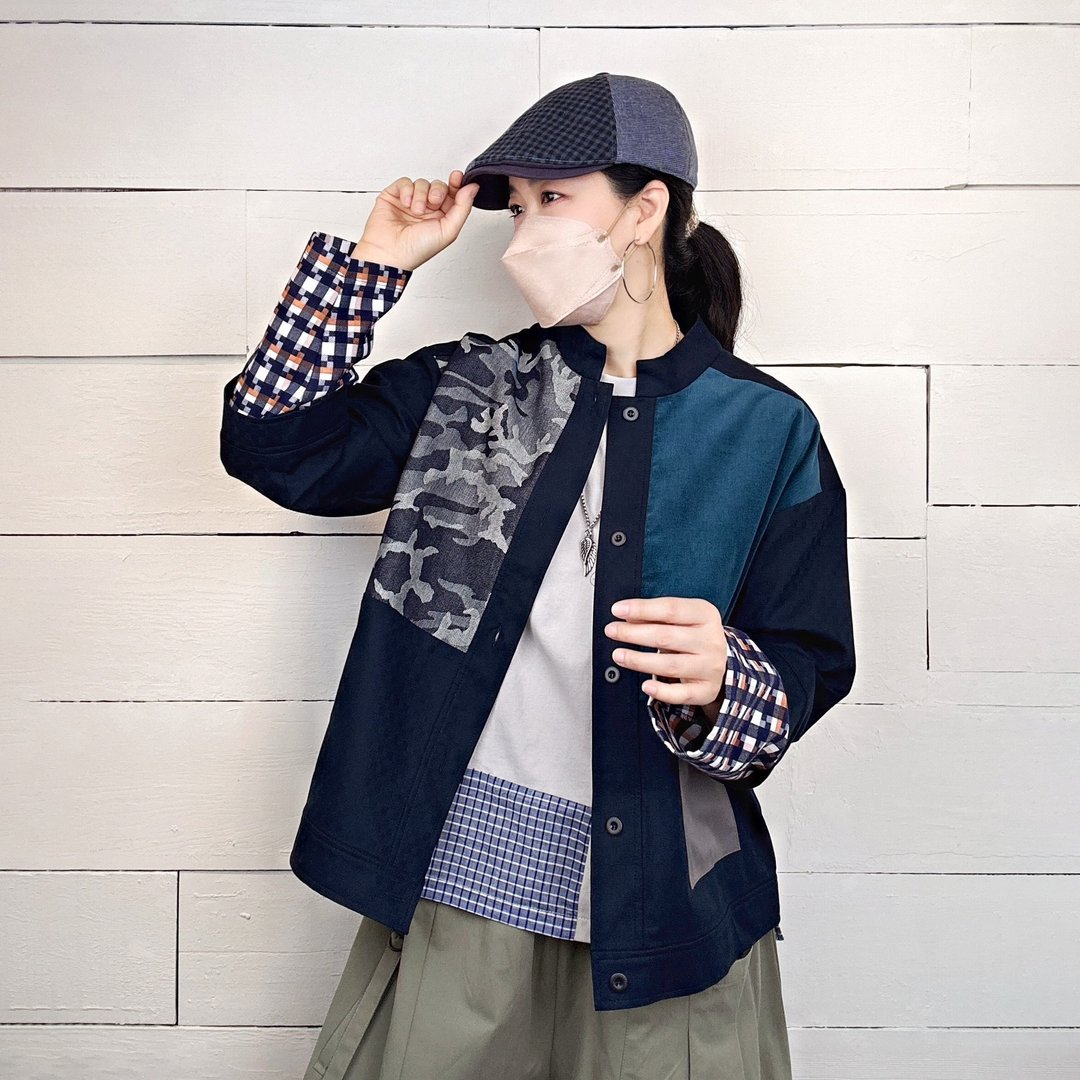 蓝/迷彩蓝绒 - 立领假两件拼布外套 #U1159 - 女装休闲/机能外套 - 棉 蓝色