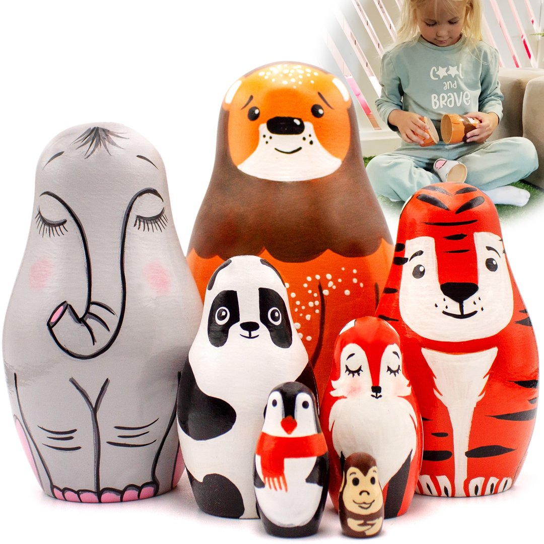 Zoo Animals Nesting Dolls Set 7 pcs - Russian Dolls as Cute Animal Figures - 玩具/玩偶 - 木头 多色