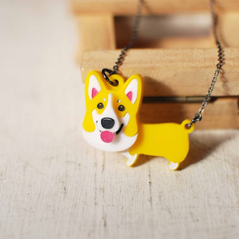 柯基犬/毛小孩在脖子/头重脚轻款/短链 - 项链 - 压克力 黄色