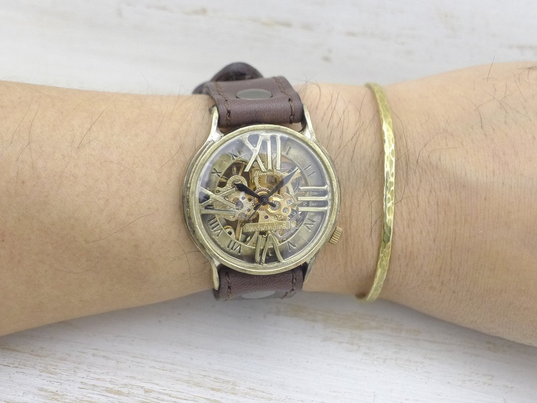 Handmade Watch BHW121 Manual Winding Brass (Brass) 36mm Roman Numeral Floating Sewing Machine Stitch Belt - 女表 - 铜/黄铜 金色