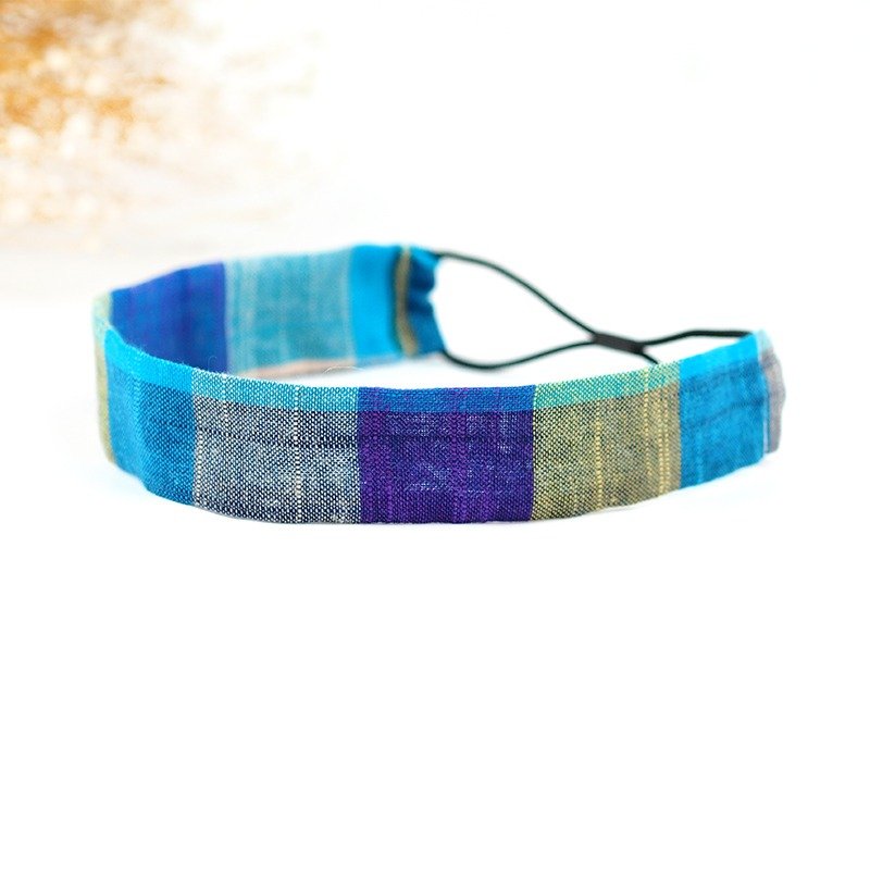 小牛村 Calf Village 手工弹性发带 夏日不闷热 舒适超轻薄 棉麻格纹 {蓝紫海域} 【A-86】 - 发饰 - 棉．麻 蓝色