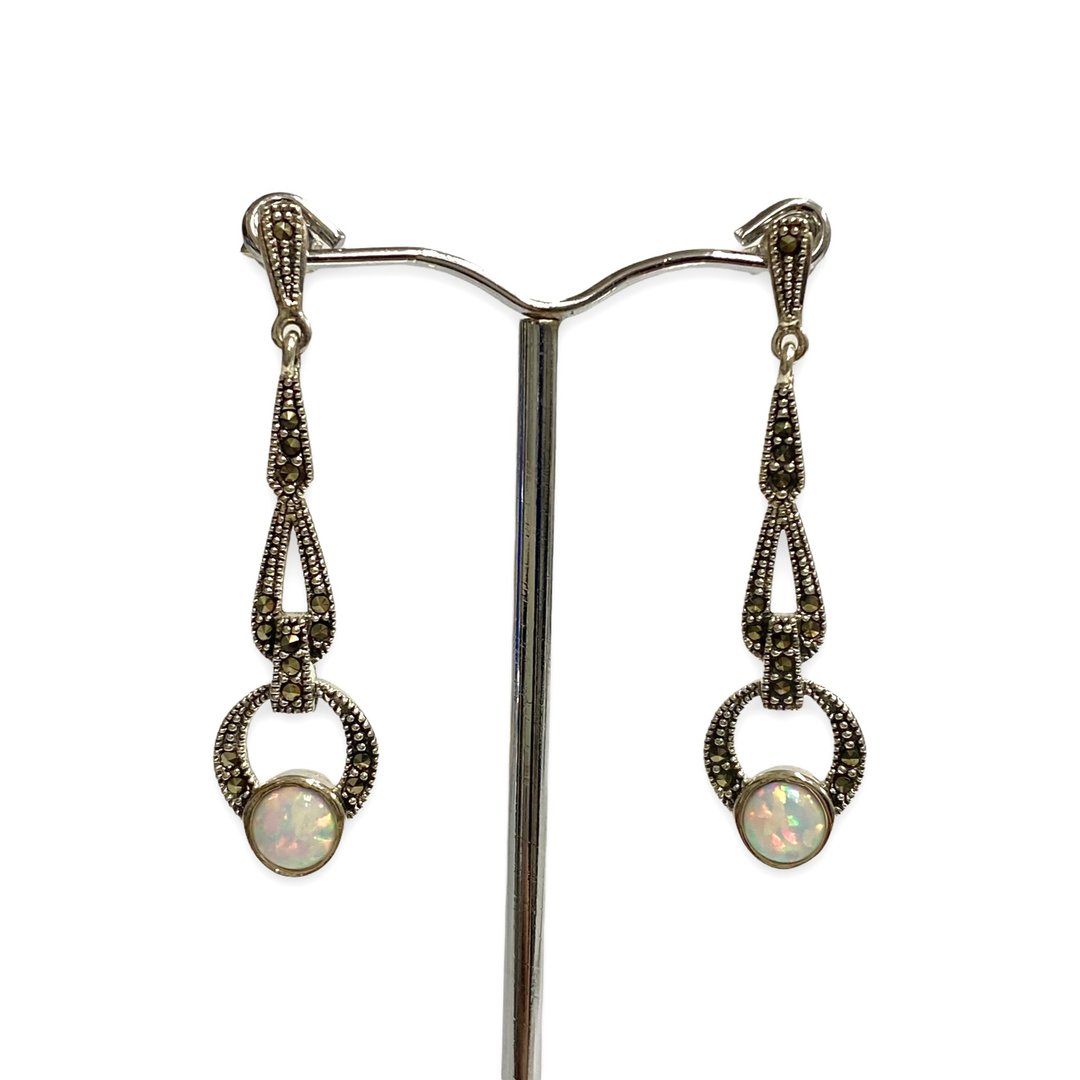Victorian Style Gilson Opal Stone Set Pendant and Earrings 925 Sterling Silver - 耳环/耳夹 - 纯银 银色