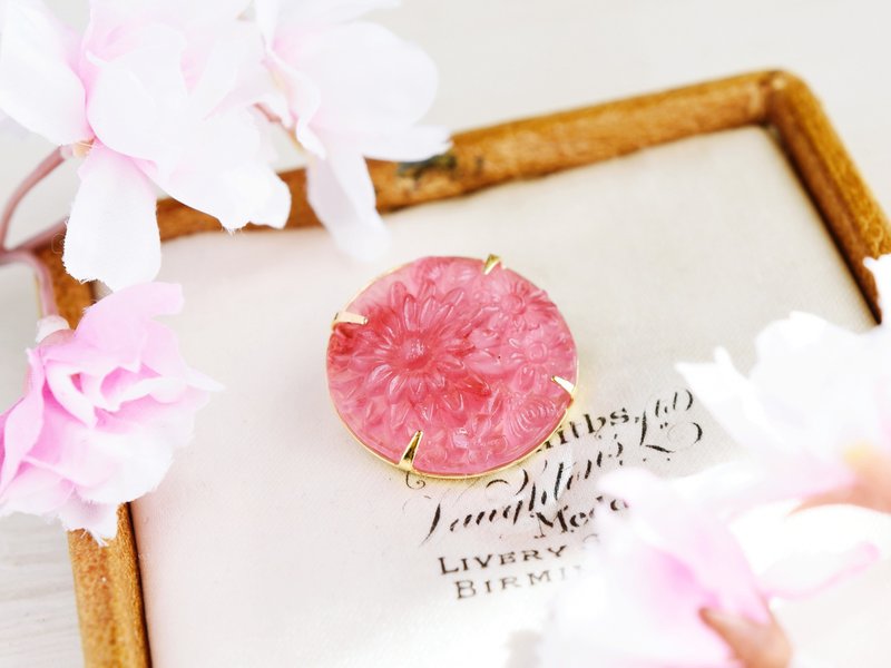【数量限定・胸针】复古 玻璃 花朵・粉红 - 胸针 - 玻璃 粉红色