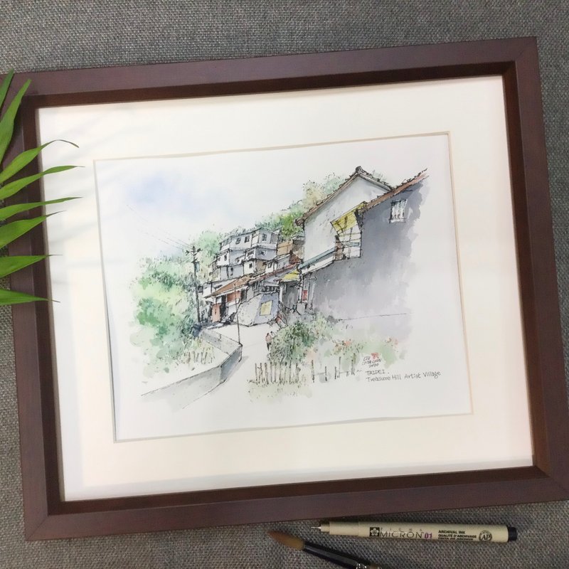 台北 宝藏岩/手绘原创水彩画/含框 - 海报/装饰画/版画 - 纸 咖啡色