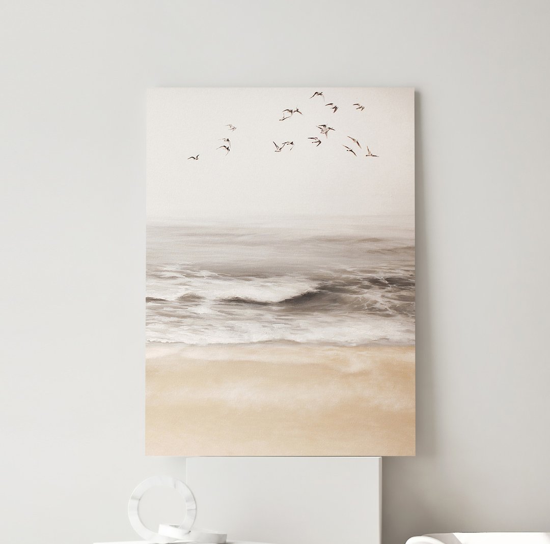 米色海 |海景画|温暖的卧室绘画|海之共鸣 4 - 墙贴/壁贴 - 棉 咖啡色