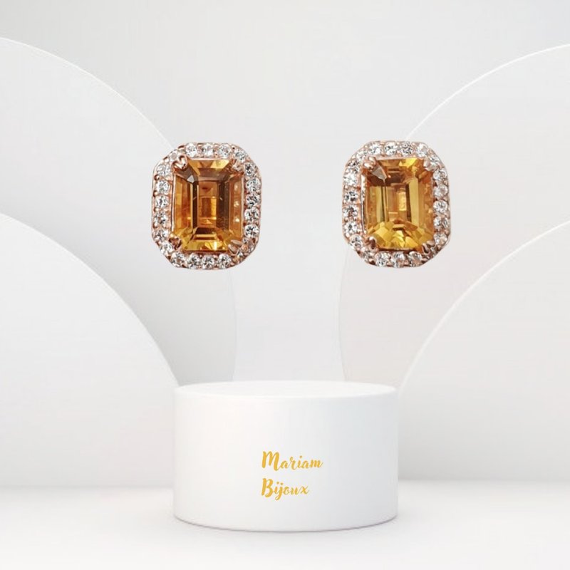 Citrine earrings, surrounded by white topaz gemstones, 925 Silver - 耳环/耳夹 - 宝石 黄色