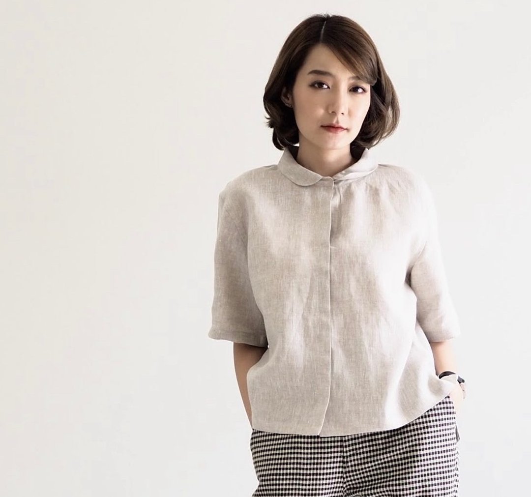 Ally 亚麻短袖莲花领上衣 - 女装衬衫 - 棉 卡其色