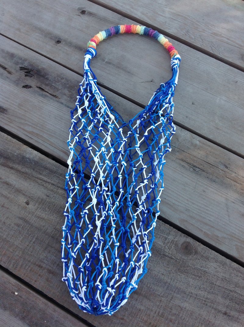 M型 美国麻线手工编织袋 /蓝白相间 /水瓶/手摇杯/环保袋/冰霸杯 - 随行杯提袋/水壶袋 - 棉．麻 蓝色