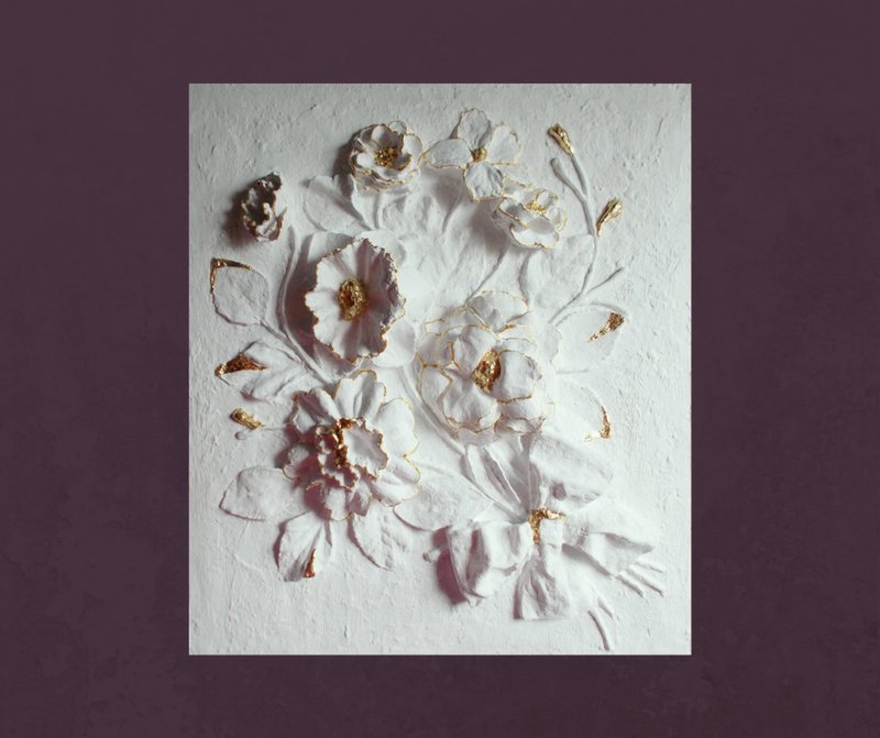 雕塑墙艺术 白色浅浮雕 植物艺术品 花卉 3d 石膏浮雕 现代 - 墙贴/壁贴 - 其他材质 多色