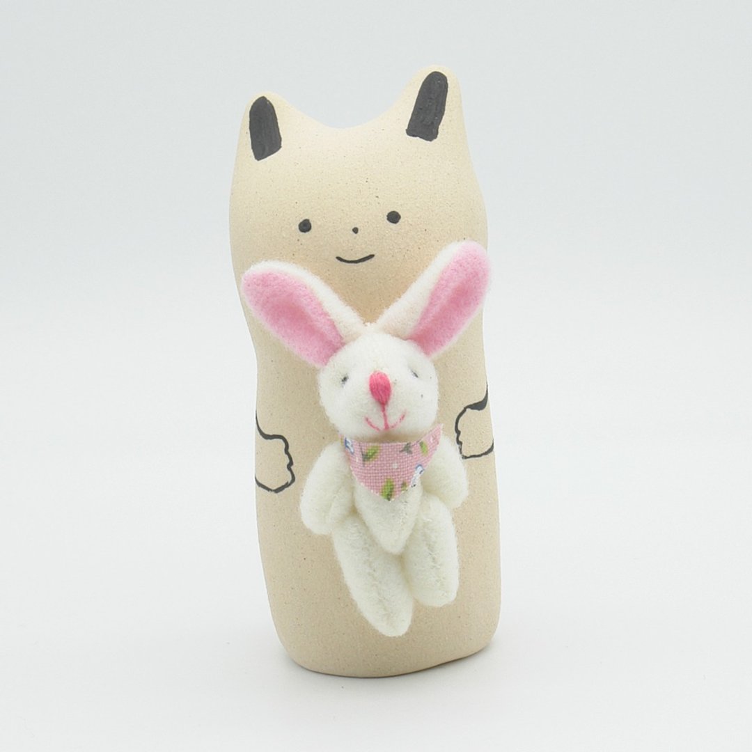 Handmade porcelain doll Rabbit with a stuffed animal - 摆饰 - 陶 卡其色