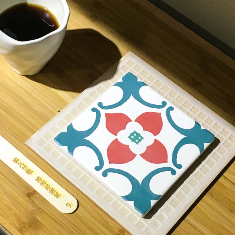 09柿柿好蝠气 花砖吸水杯垫 (台湾花签#09) - 杯垫 - 陶 红色