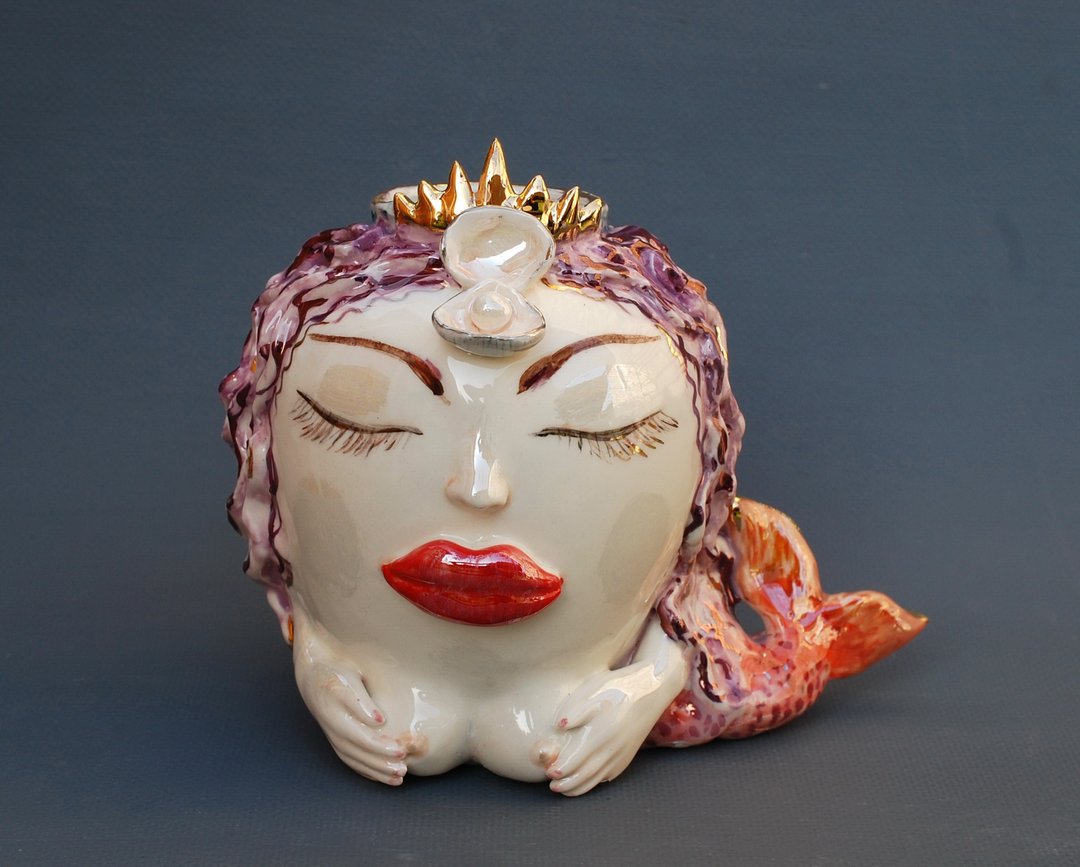 人鱼雕塑花瓶 女士头像花瓶 手工瓷俑 - 花瓶/陶器 - 陶 多色
