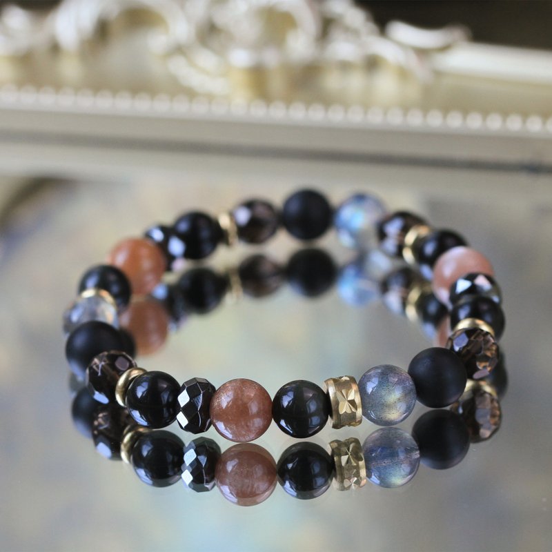 黑曜石 太阳石 拉长石。圣马力诺。招财旺运避邪男女水晶手链 8mm - 手链/手环 - 水晶 黑色