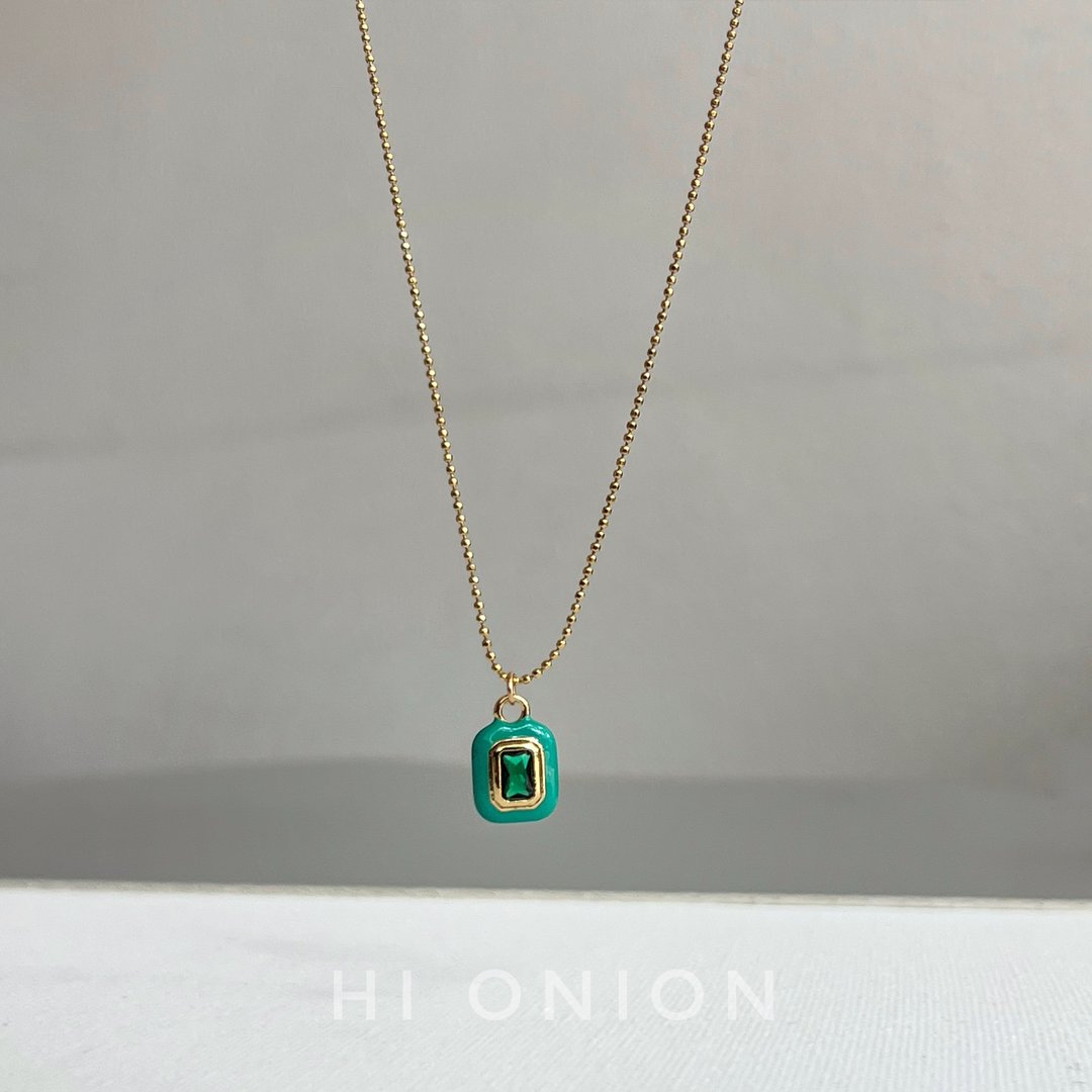 Hi Onion原创小众设计复古祖母绿方形吊坠项链男女锁骨链春夏时尚 - 项链 - 其他材质 