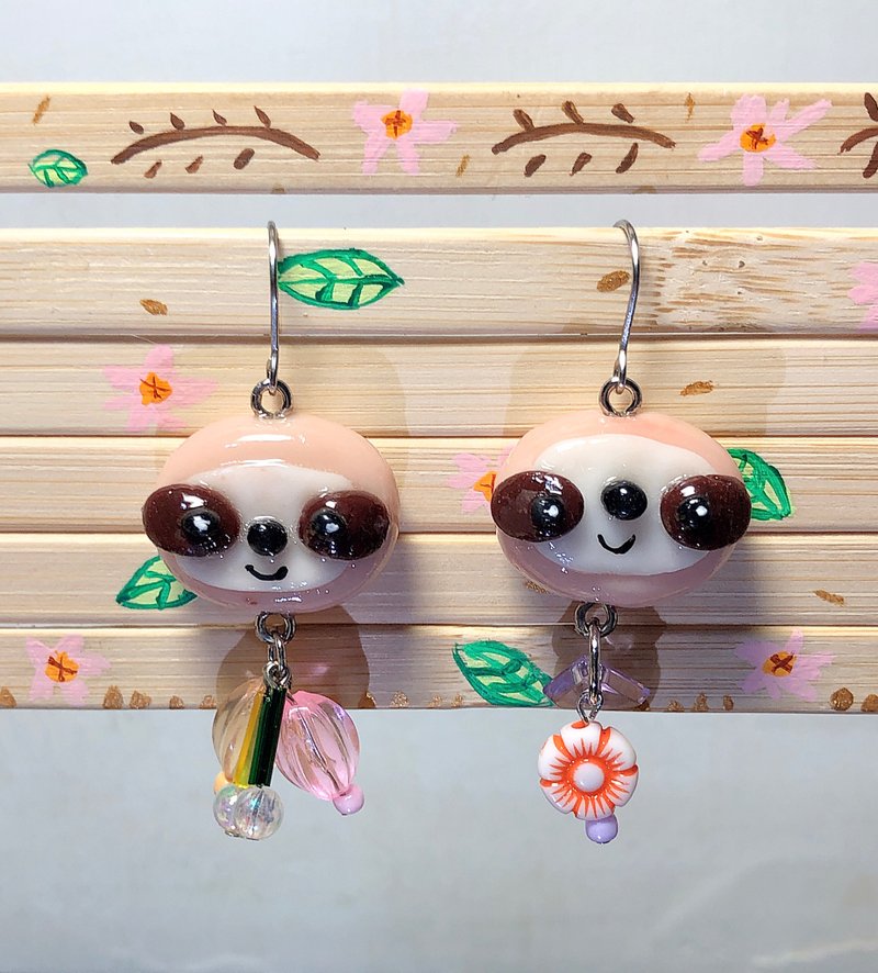 树櫴 手作黏土耳环 手绘捏制 不锈钢 吊坠款 - 耳环/耳夹 - 粘土 咖啡色