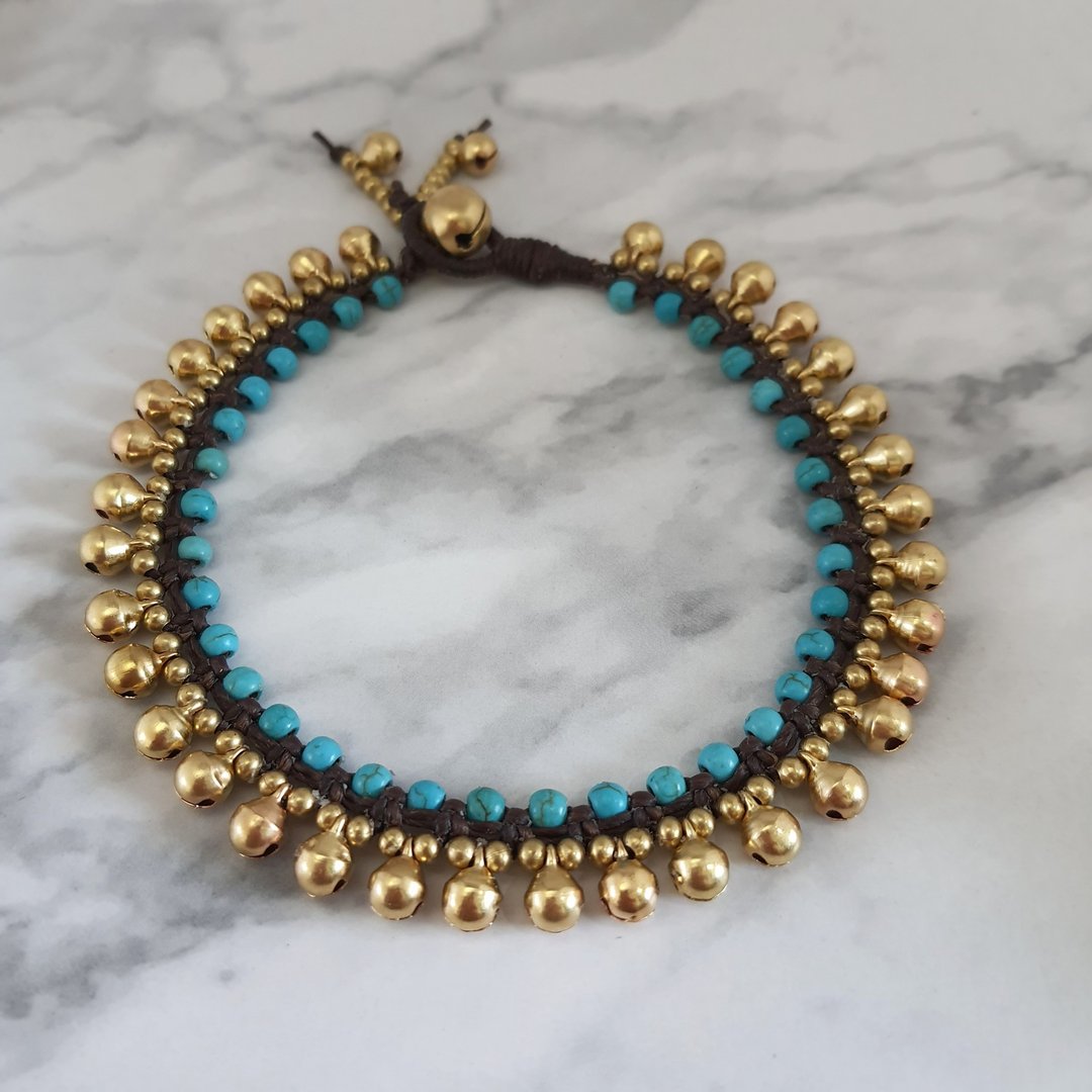 Turquoise Boho Brass Bells Ankle Bracelet, Gypsy Foot Jewelry Wearing Beautiful - 脚链/脚环 - 棉 蓝色
