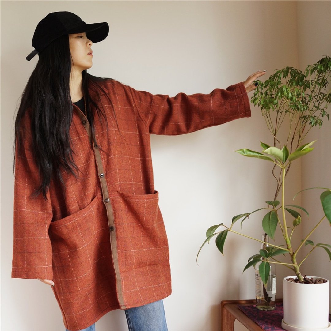 橘色格子薄羊毛呢進口面料 超大兜 口袋長款毛呢風衣大衣 - 女装休闲/机能外套 - 羊毛 橘色