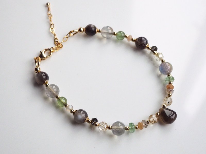 叶隙树影 | 黑太阳石、拉长石、彩月光14k包金天然石手链 - 手链/手环 - 半宝石 咖啡色