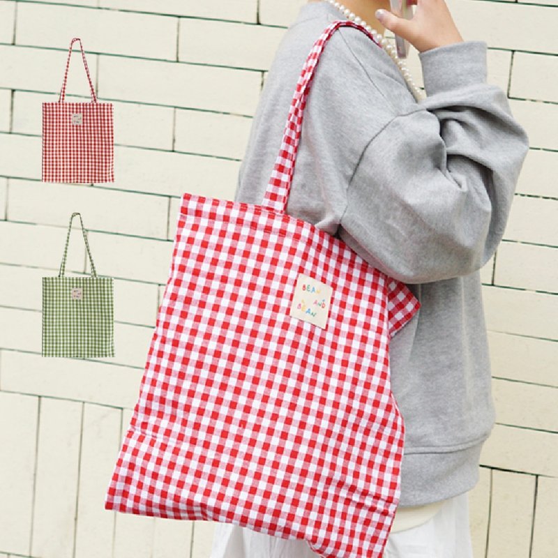 豆豆格纹心情布包日常搭配托特包简约便携大容量单肩 - 侧背包/斜挎包 - 棉．麻 