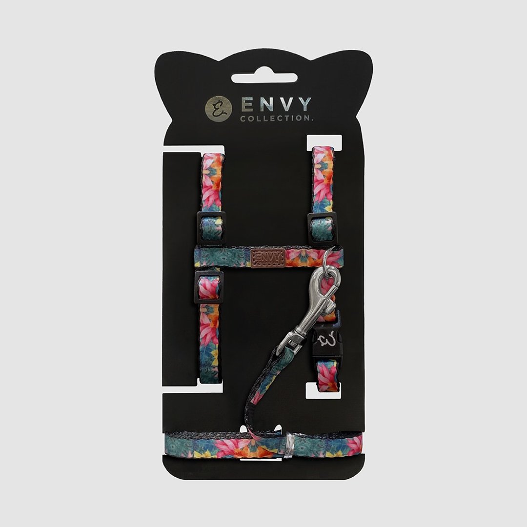 ENVY COLLECTION 热带天堂鸟猫胸背带 牵绳 安全插扣 - 项圈/牵绳 - 聚酯纤维 多色