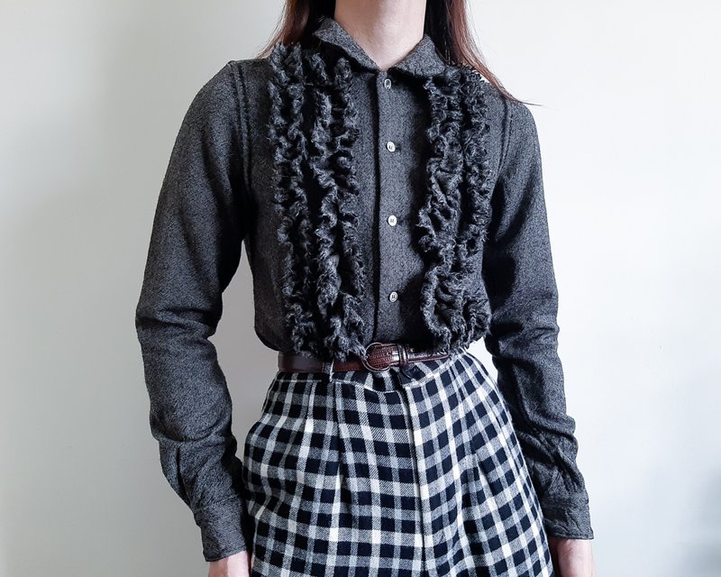 COMME des GARÇONS 黑棕色羊毛荷叶边衬衫 人字纹衬衫 尺码 S - 女装衬衫 - 羊毛 黑色