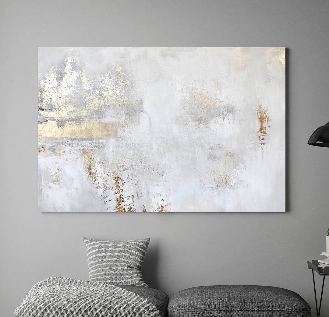 白色与金色画作 | 金色抽象壁画 | 白色与金色艺术 | Cascade 9 - 墙贴/壁贴 - 棉 白色