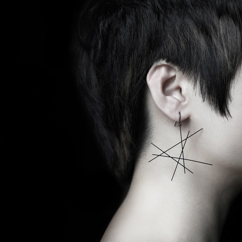 moorigin 线耳环 | 可改夹式・医疗钢・抗过敏・不掉色 - 耳环/耳夹 - 不锈钢 黑色