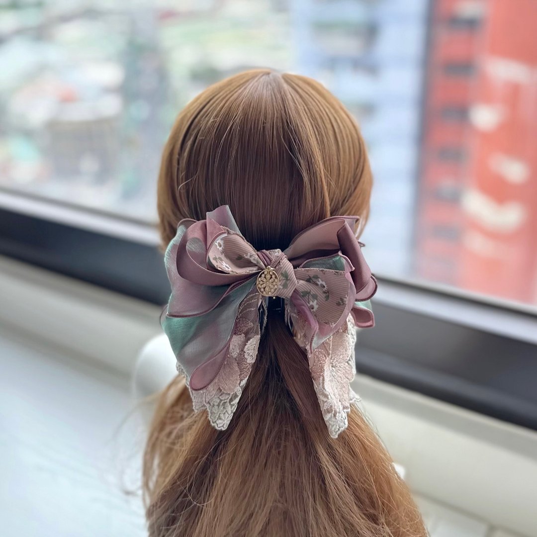 卷边纱蕾丝蝴蝶结相交夹香蕉夹仙女夹发夹-深咖啡渐层 - 发饰 - 其他材质 咖啡色