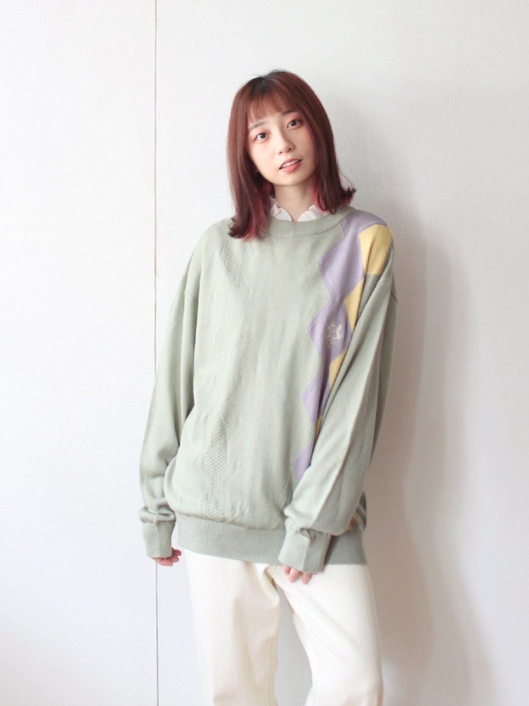 冬复古中性日本制几何针织宽松薄款淡绿色羊毛古着毛衣 - 女装针织衫/毛衣 - 羊毛 绿色