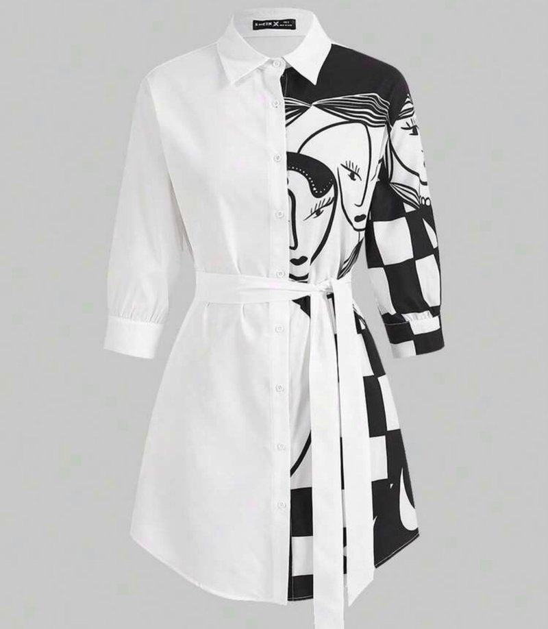 三个女孩腰带衬衫洋装 - 洋装/连衣裙 - 棉．麻 黑色