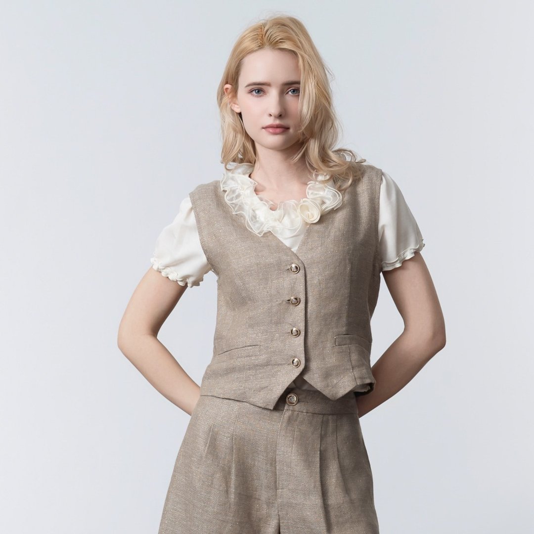 【MEDUSA】微光泽亚麻无袖西装背心(M-XL) | 女背心外套 气质穿搭 - 女装西装外套/风衣 - 棉 卡其色