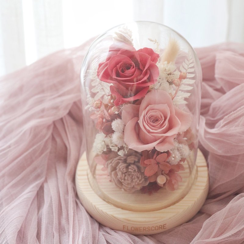 永生玫瑰玻璃夜灯 -豆沙粉 - 干燥花/捧花 - 植物．花 