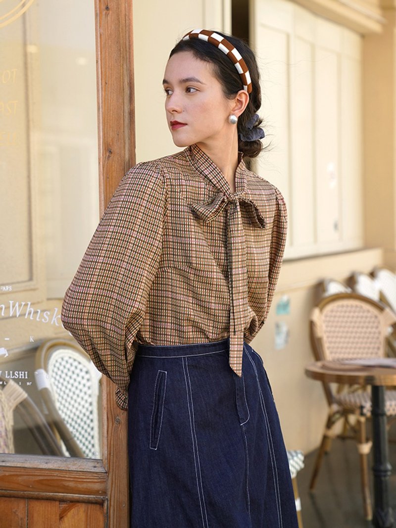 MintCheese 法式少女 复古优雅飘带领 棕粉格纹 天丝长袖衬衫 - 女装衬衫 - 丝．绢 咖啡色